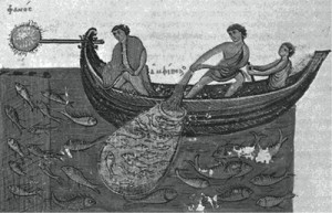 Night fishing with a lamp and a net. Byzantine image from the 11th century. Source - International Journal of Nautical Archaeology (1)